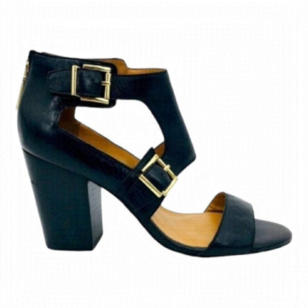 TOMMY HILFIGER Black and Gold Wide T-Strap Buckle Up Leather Shoes size 7.5